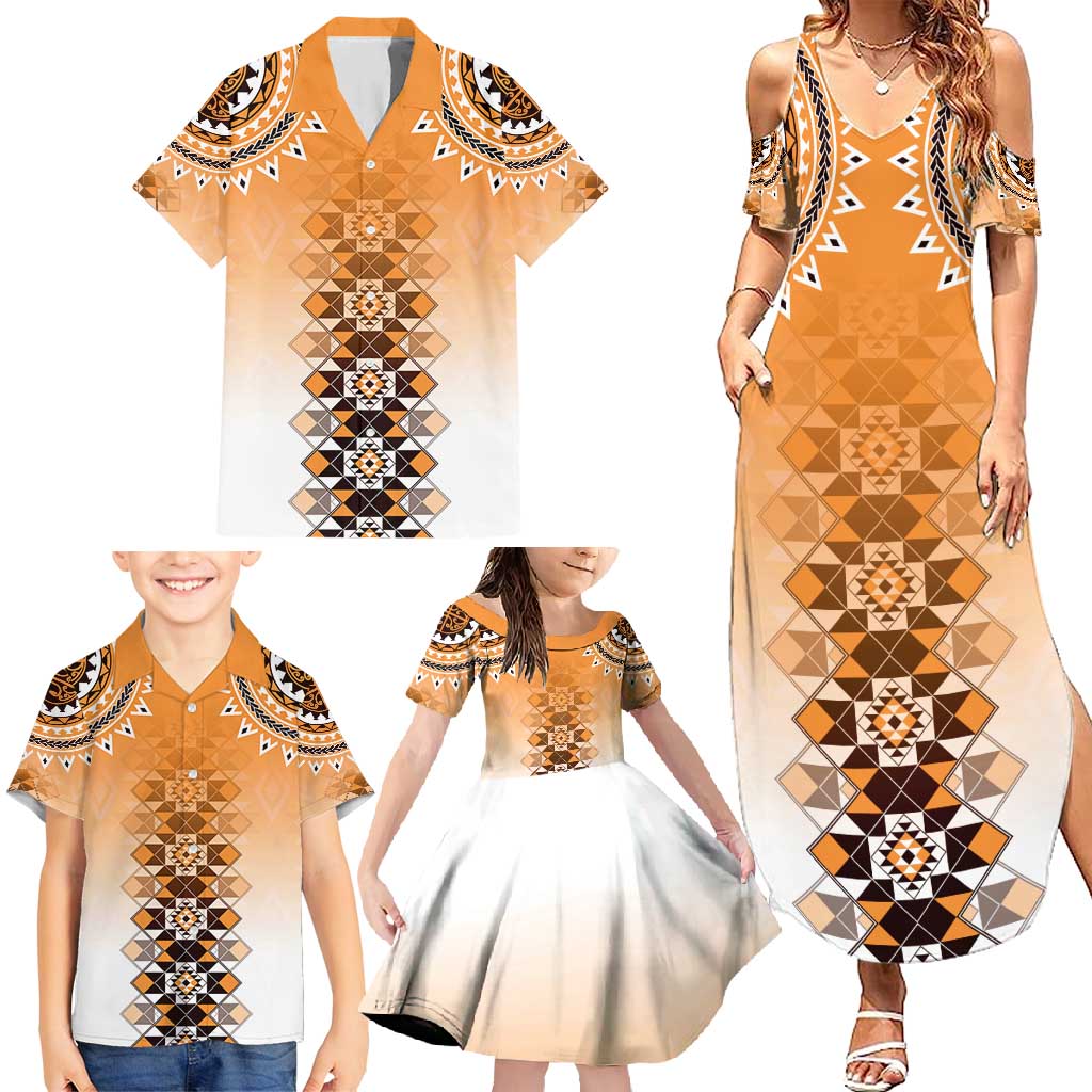 New Zealand Family Matching Summer Maxi Dress and Hawaiian Shirt Poutama Mix Orange Taniko Inspired Art LT05