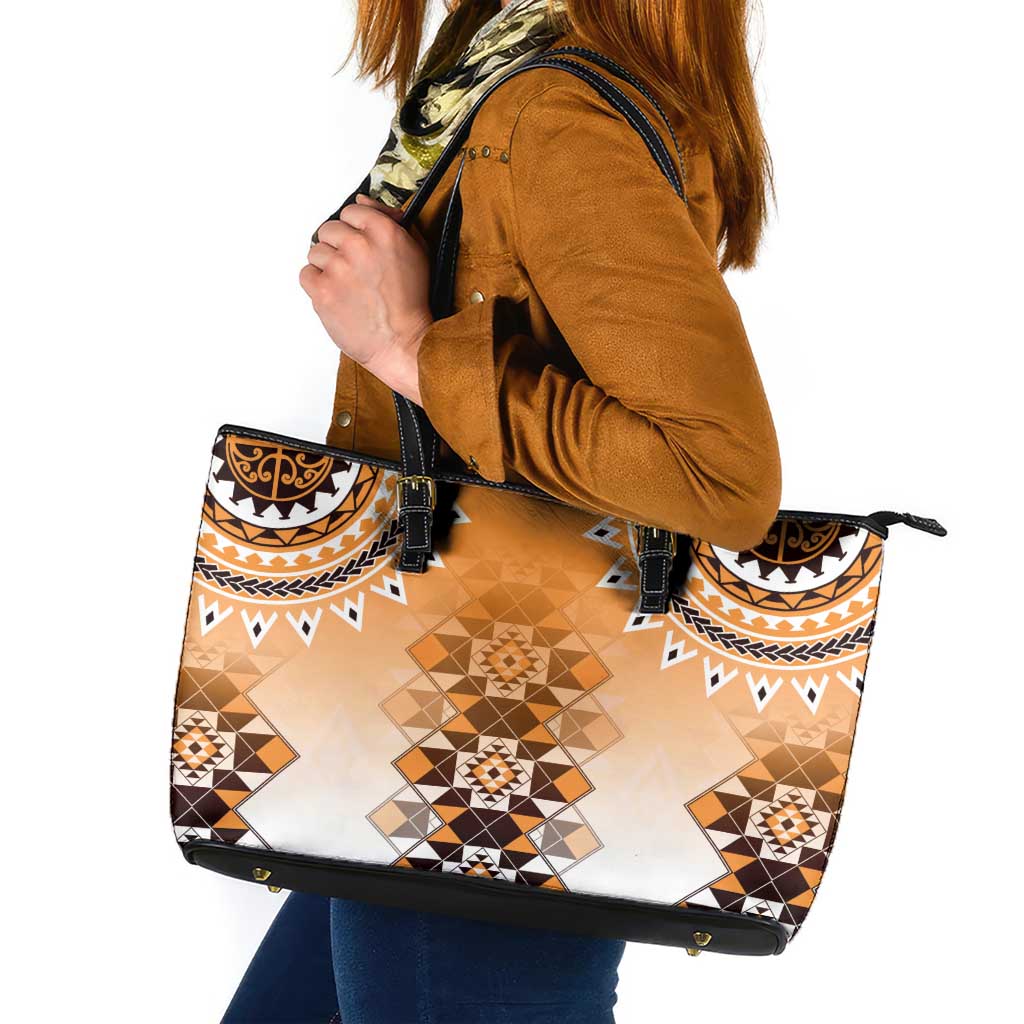 New Zealand Leather Tote Bag Poutama Mix Orange Taniko Inspired Art LT05 Orange - Polynesian Pride
