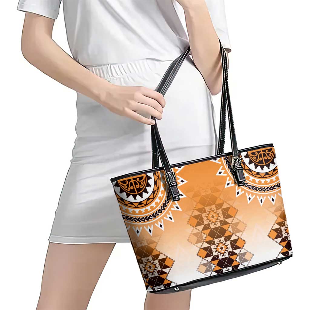 New Zealand Leather Tote Bag Poutama Mix Orange Taniko Inspired Art LT05 - Polynesian Pride