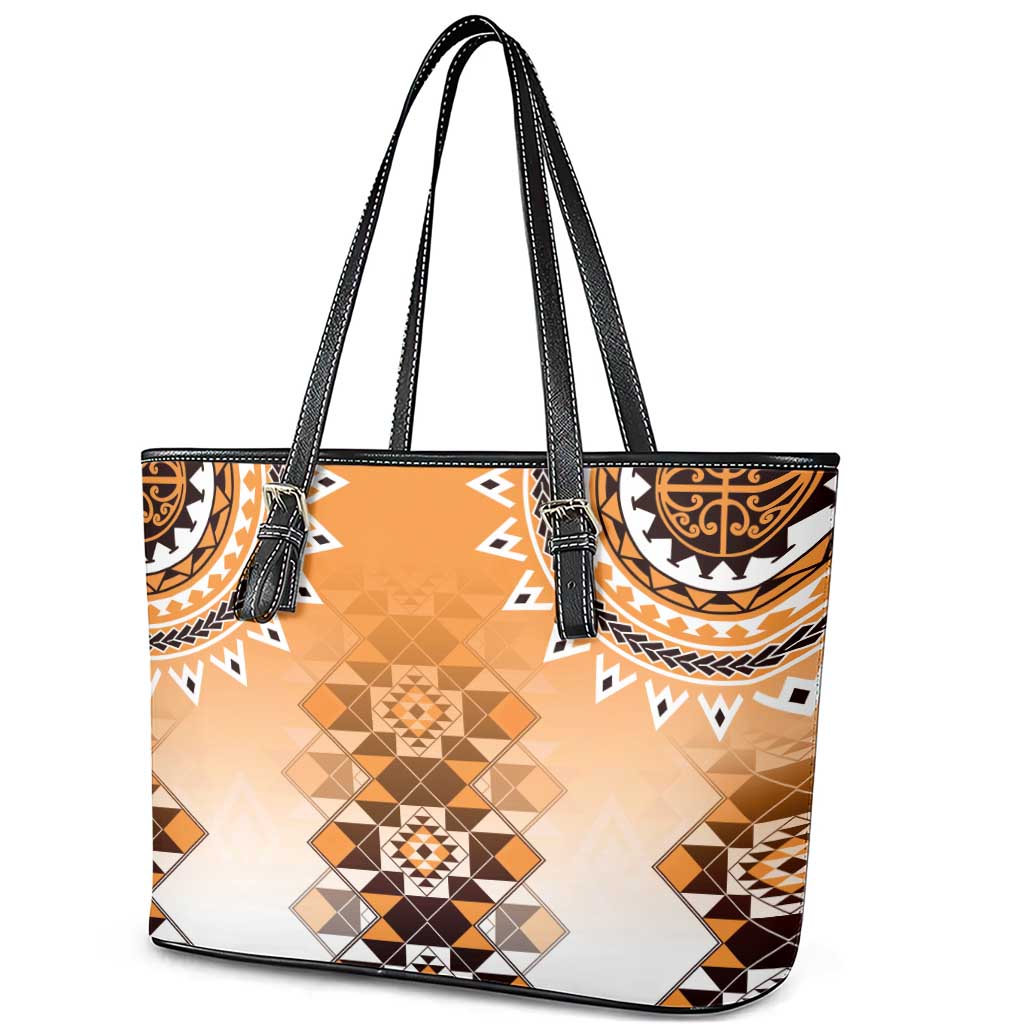 New Zealand Leather Tote Bag Poutama Mix Orange Taniko Inspired Art LT05 - Polynesian Pride