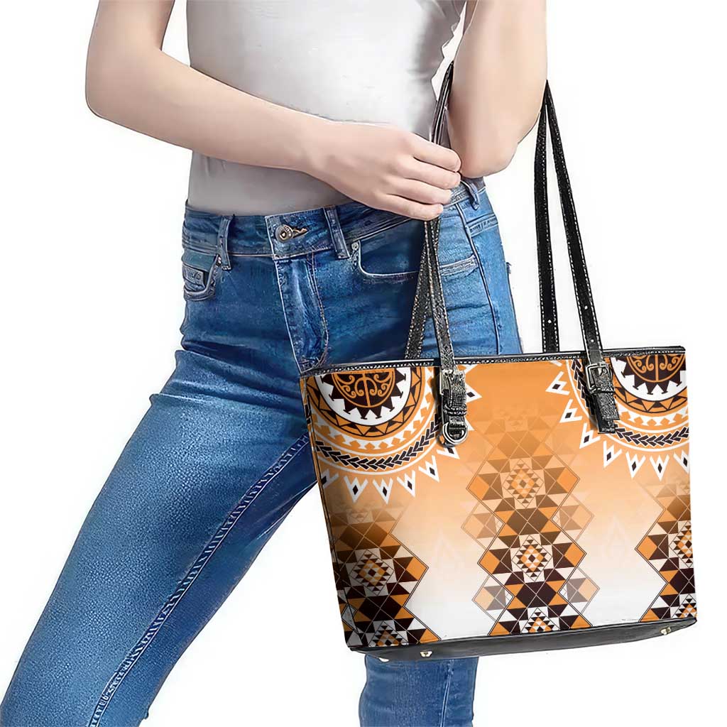 New Zealand Leather Tote Bag Poutama Mix Orange Taniko Inspired Art LT05 - Polynesian Pride