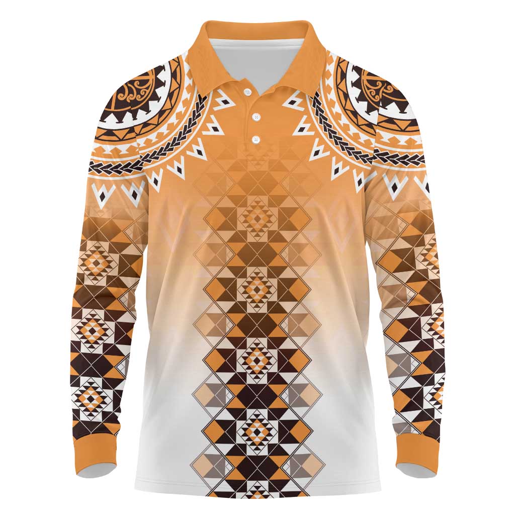 New Zealand Long Sleeve Polo Shirt Poutama Mix Orange Taniko Inspired Art LT05 Orange - Polynesian Pride