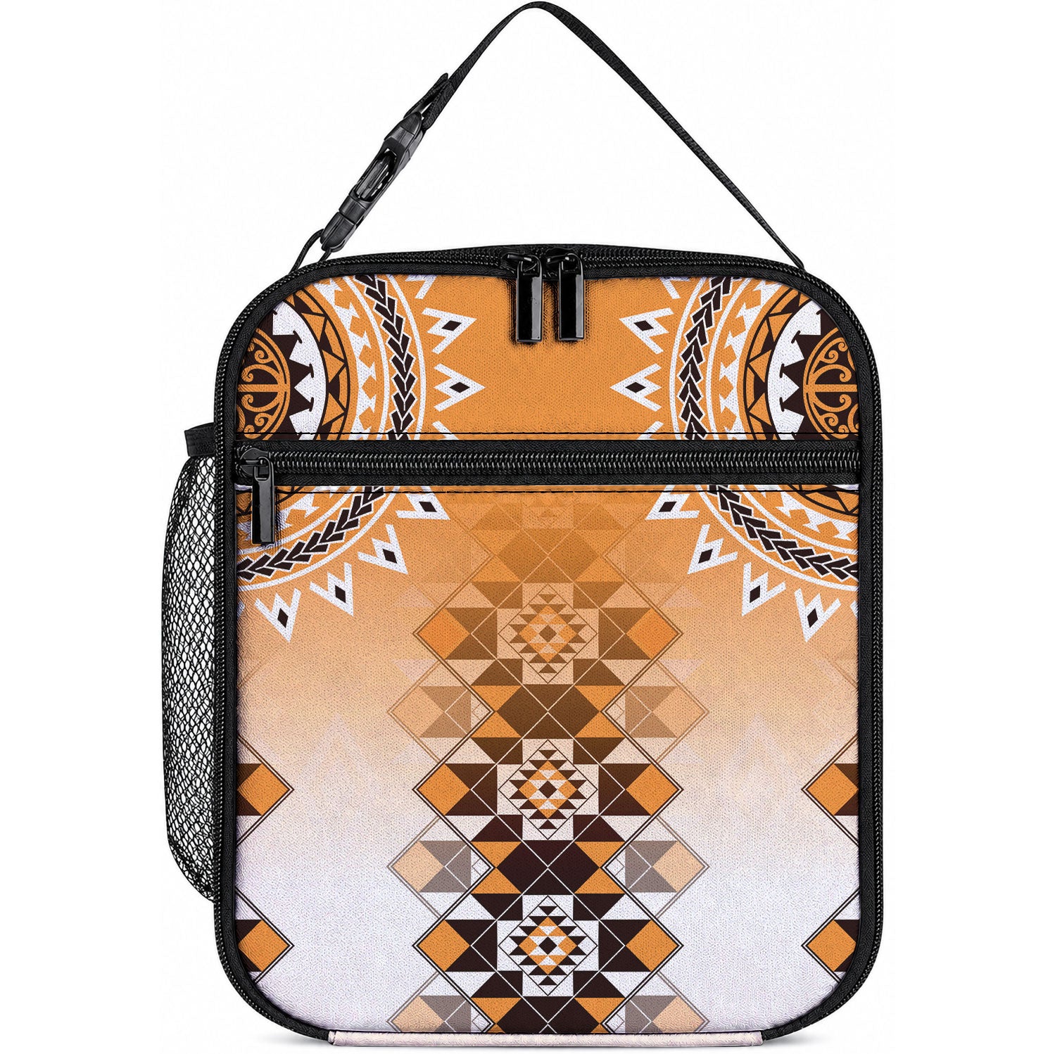 New Zealand Lunch Bag Poutama Mix Orange Taniko Inspired Art LT05 10.2 × 8.3 × 4.3 inch Orange - Polynesian Pride