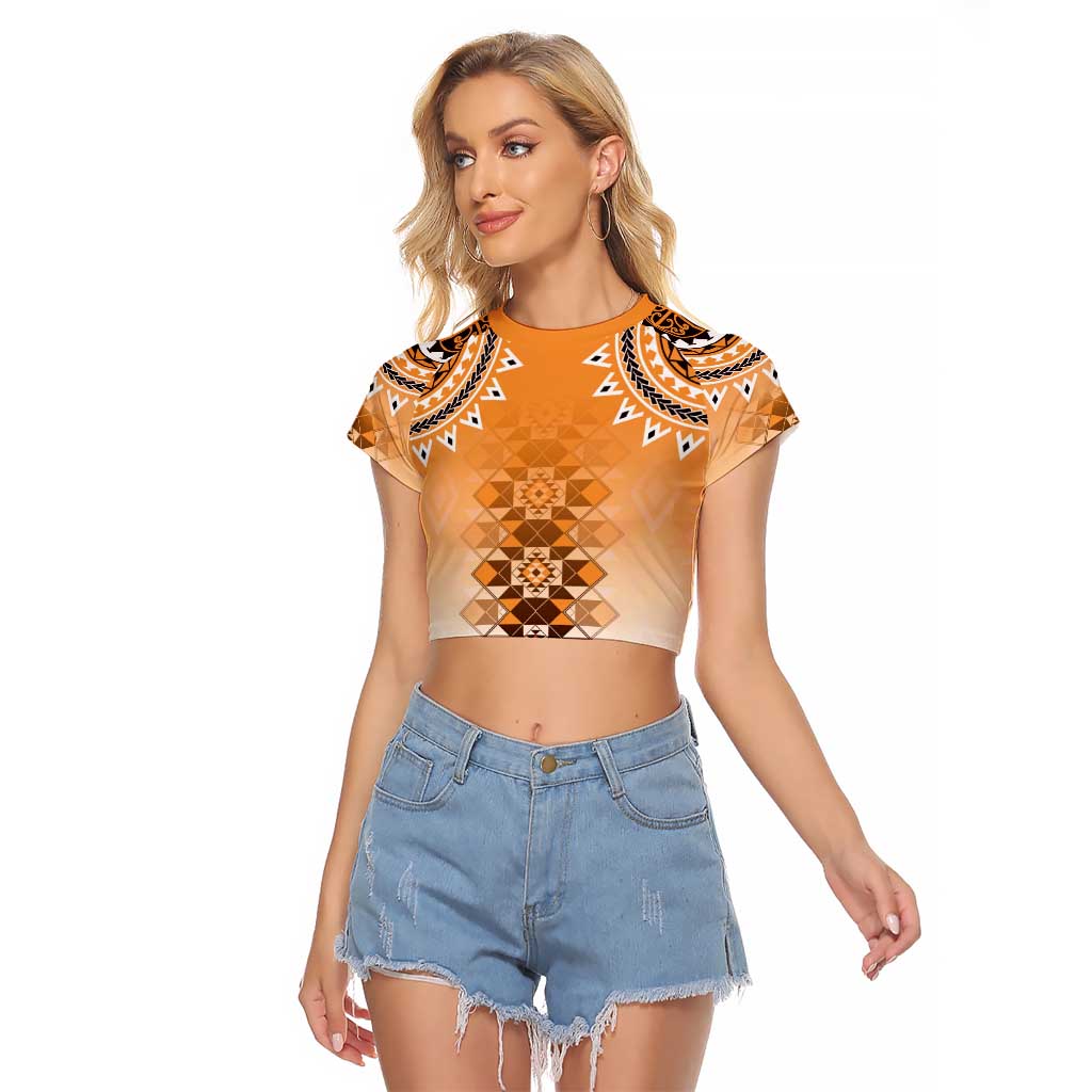 New Zealand Raglan Cropped T Shirt Poutama Mix Orange Taniko Inspired Art LT05 Female Orange - Polynesian Pride