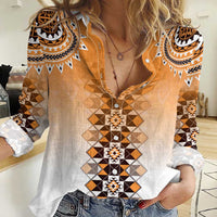 New Zealand Women Casual Shirt Poutama Mix Orange Taniko Inspired Art LT05