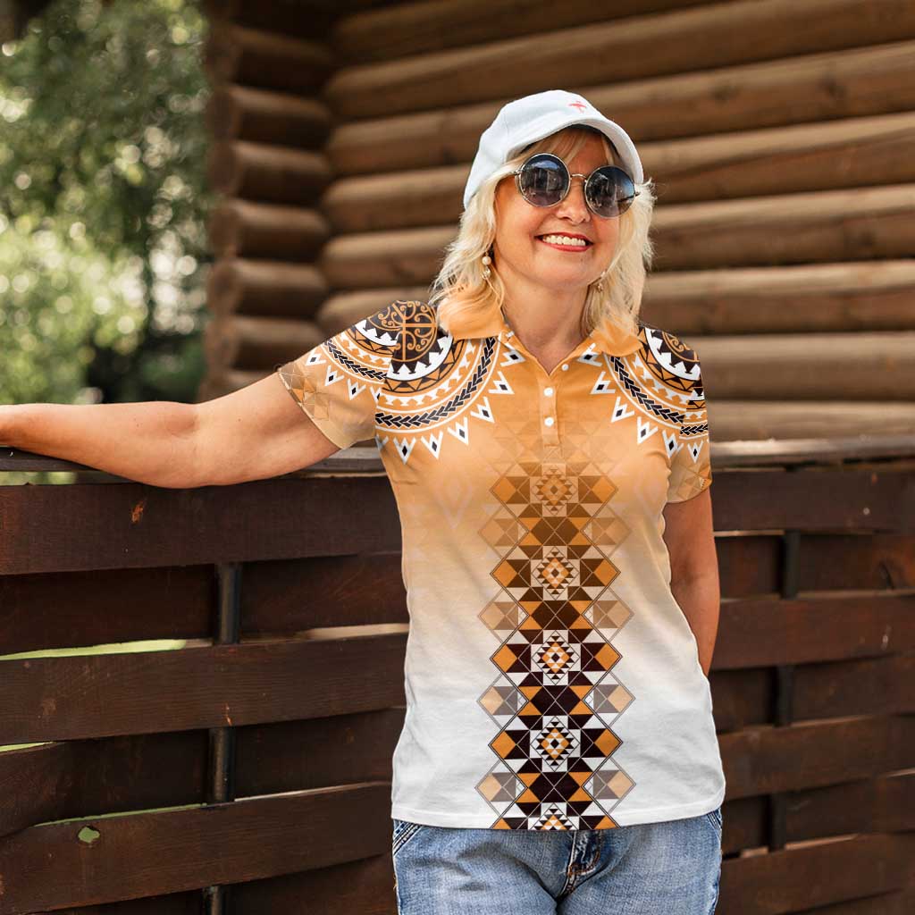 New Zealand Women Polo Shirt Poutama Mix Orange Taniko Inspired Art LT05