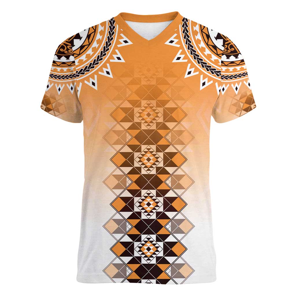 New Zealand Women V-Neck T-Shirt Poutama Mix Orange Taniko Inspired Art LT05 Female Orange - Polynesian Pride