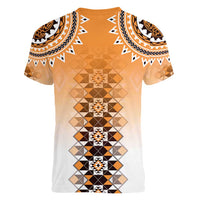 New Zealand Women V-Neck T-Shirt Poutama Mix Orange Taniko Inspired Art LT05