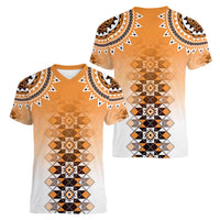 New Zealand Women V-Neck T-Shirt Poutama Mix Orange Taniko Inspired Art LT05