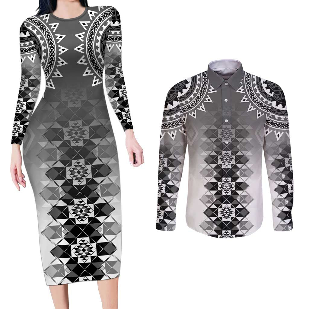 New Zealand Couples Matching Long Sleeve Bodycon Dress and Long Sleeve Button Shirt Poutama Mix Gray Taniko Inspired Art LT05 Gray - Polynesian Pride