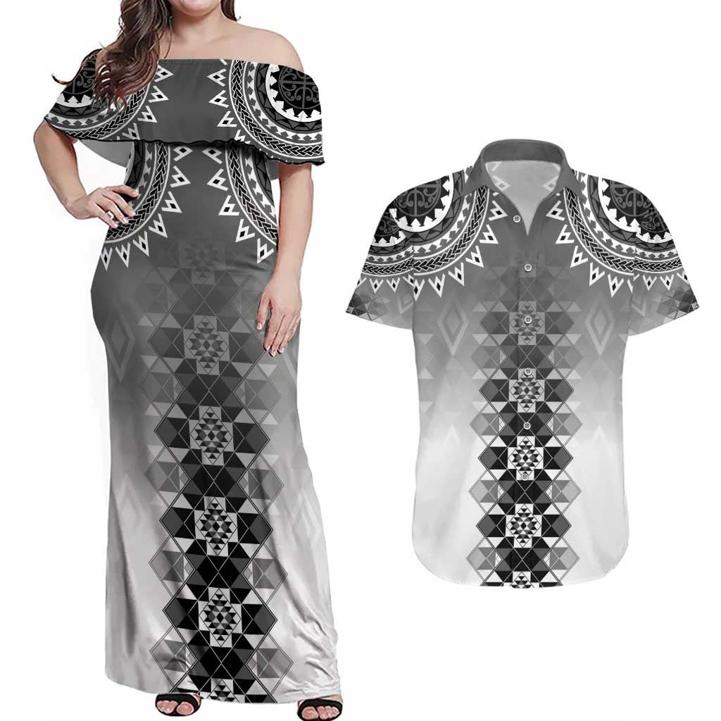 New Zealand Couples Matching Off Shoulder Maxi Dress and Hawaiian Shirt Poutama Mix Gray Taniko Inspired Art LT05