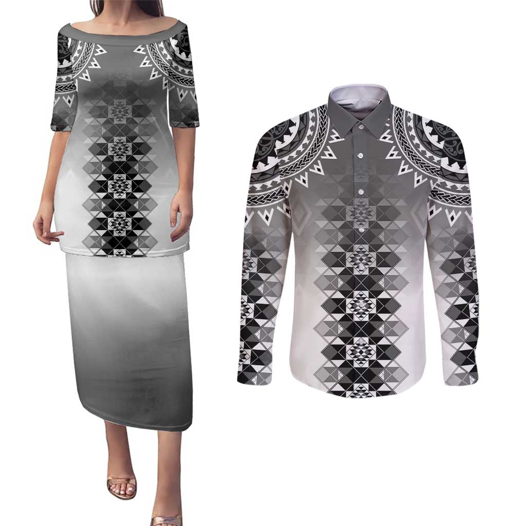 New Zealand Couples Matching Puletasi and Long Sleeve Button Shirt Poutama Mix Gray Taniko Inspired Art LT05 Gray - Polynesian Pride