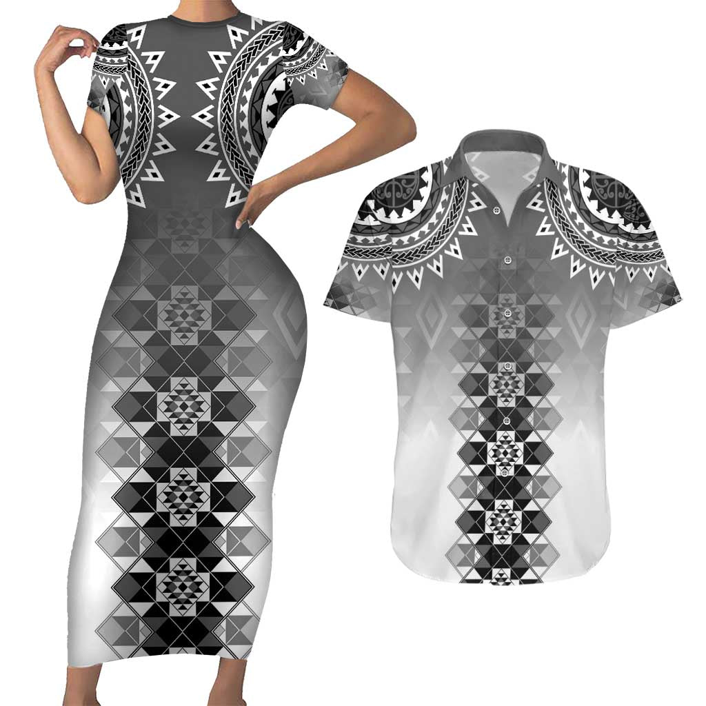 New Zealand Couples Matching Short Sleeve Bodycon Dress and Hawaiian Shirt Poutama Mix Gray Taniko Inspired Art LT05 Gray - Polynesian Pride