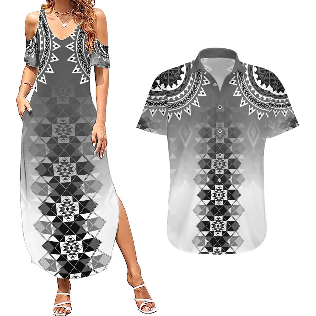 New Zealand Couples Matching Summer Maxi Dress and Hawaiian Shirt Poutama Mix Gray Taniko Inspired Art LT05 Gray - Polynesian Pride