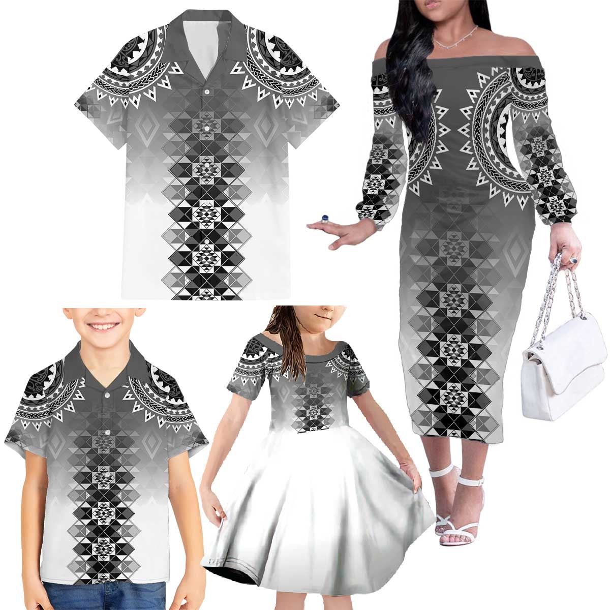 New Zealand Family Matching Off The Shoulder Long Sleeve Dress and Hawaiian Shirt Poutama Mix Gray Taniko Inspired Art LT05