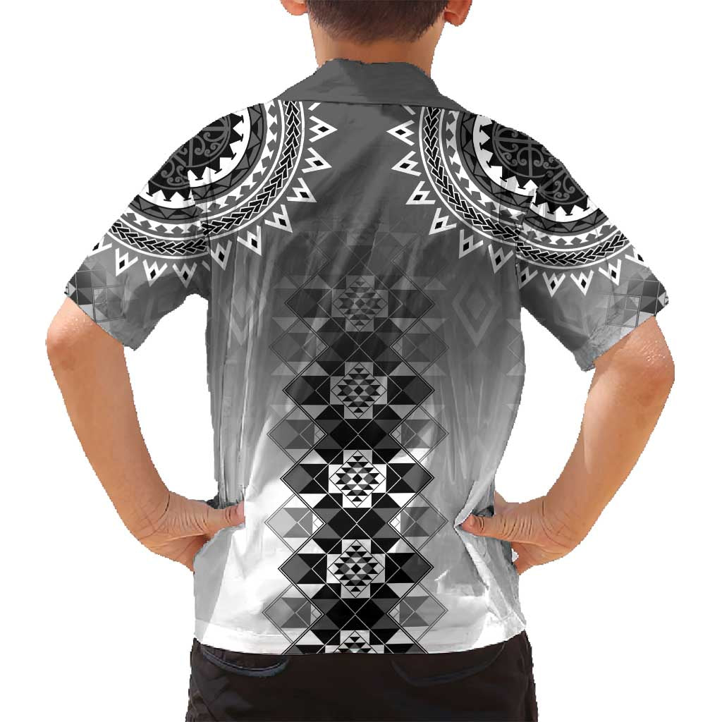 New Zealand Family Matching Off Shoulder Short Dress and Hawaiian Shirt Poutama Mix Gray Taniko Inspired Art LT05