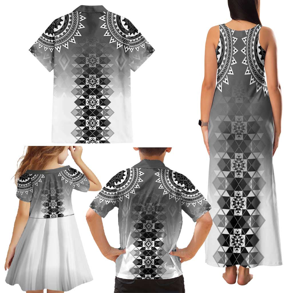 New Zealand Family Matching Tank Maxi Dress and Hawaiian Shirt Poutama Mix Gray Taniko Inspired Art LT05
