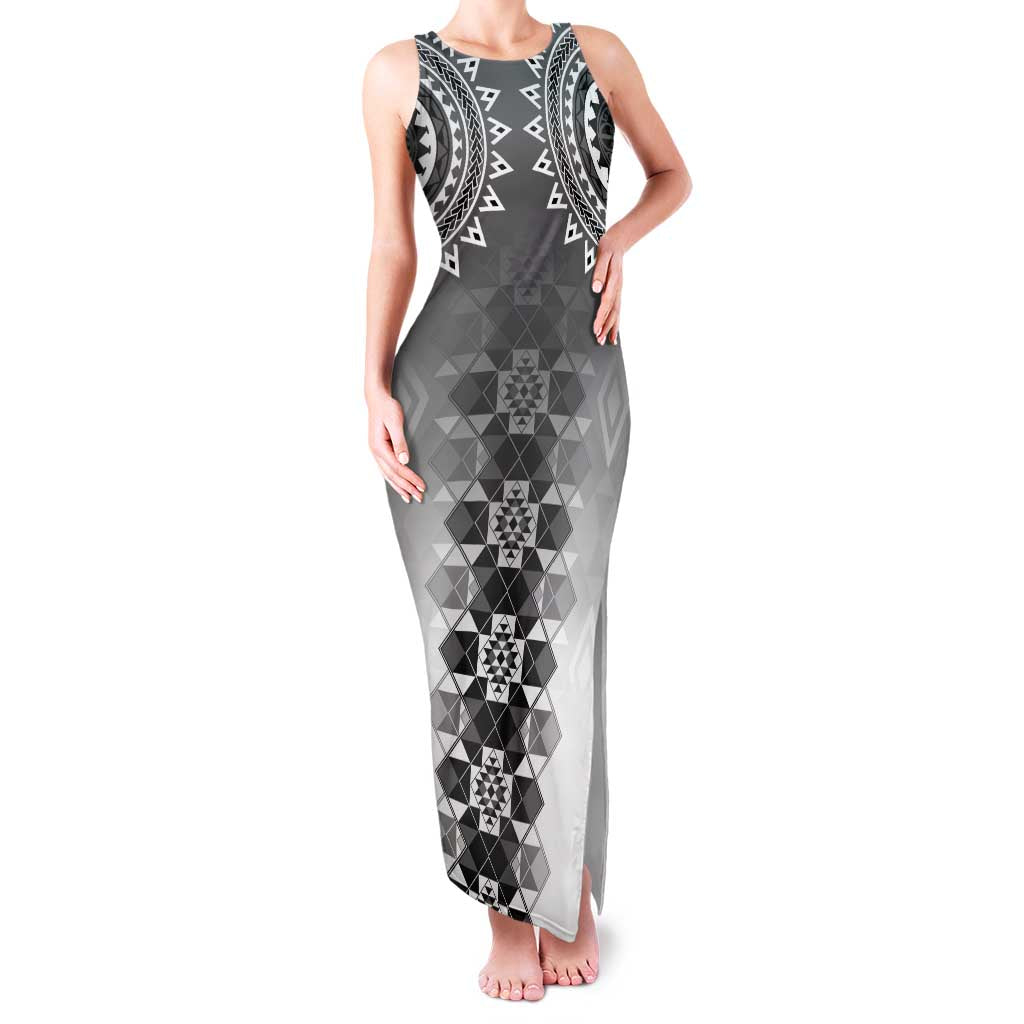 New Zealand Family Matching Tank Maxi Dress and Hawaiian Shirt Poutama Mix Gray Taniko Inspired Art LT05