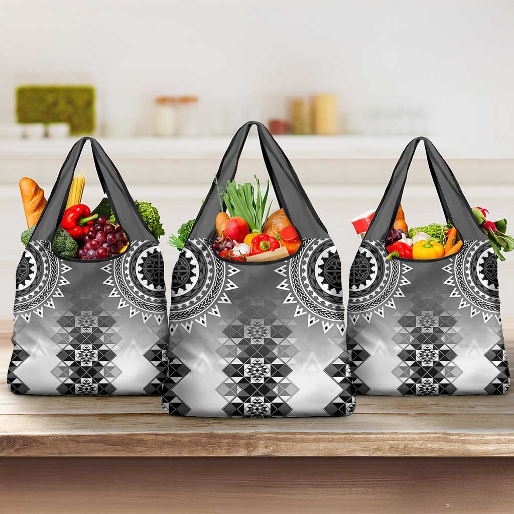 New Zealand Grocery Bag Poutama Mix Gray Taniko Inspired Art LT05 3-pack One Size Gray - Polynesian Pride