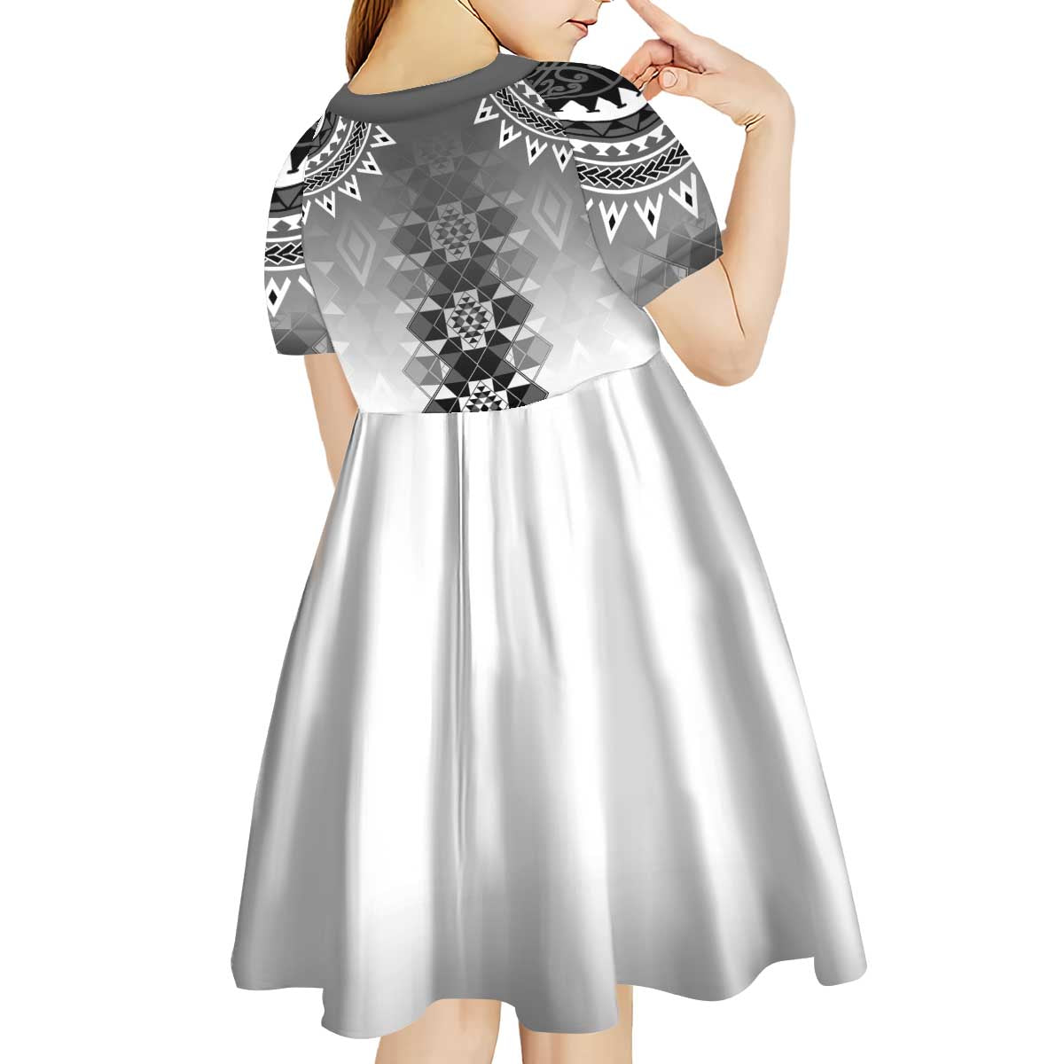 New Zealand Kid Short Sleeve Dress Poutama Mix Gray Taniko Inspired Art LT05