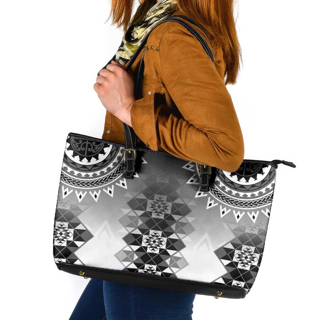 New Zealand Leather Tote Bag Poutama Mix Gray Taniko Inspired Art LT05 Gray - Polynesian Pride