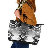 New Zealand Leather Tote Bag Poutama Mix Gray Taniko Inspired Art LT05 Gray - Polynesian Pride