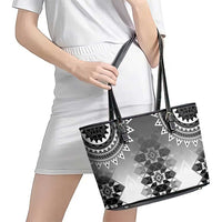 New Zealand Leather Tote Bag Poutama Mix Gray Taniko Inspired Art LT05 - Polynesian Pride