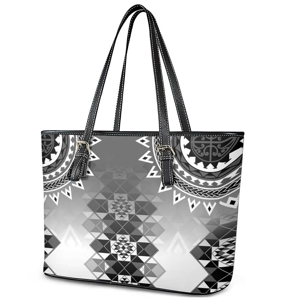 New Zealand Leather Tote Bag Poutama Mix Gray Taniko Inspired Art LT05 - Polynesian Pride