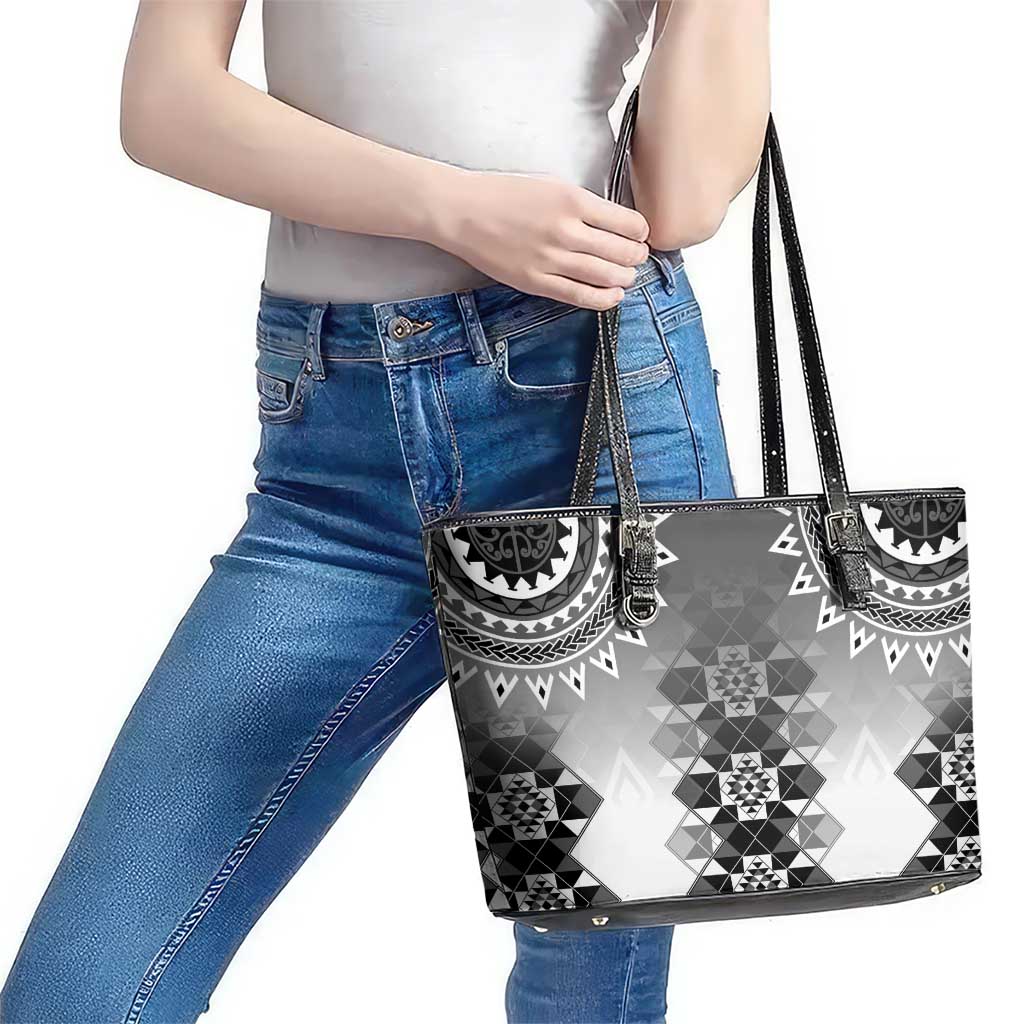 New Zealand Leather Tote Bag Poutama Mix Gray Taniko Inspired Art LT05 - Polynesian Pride
