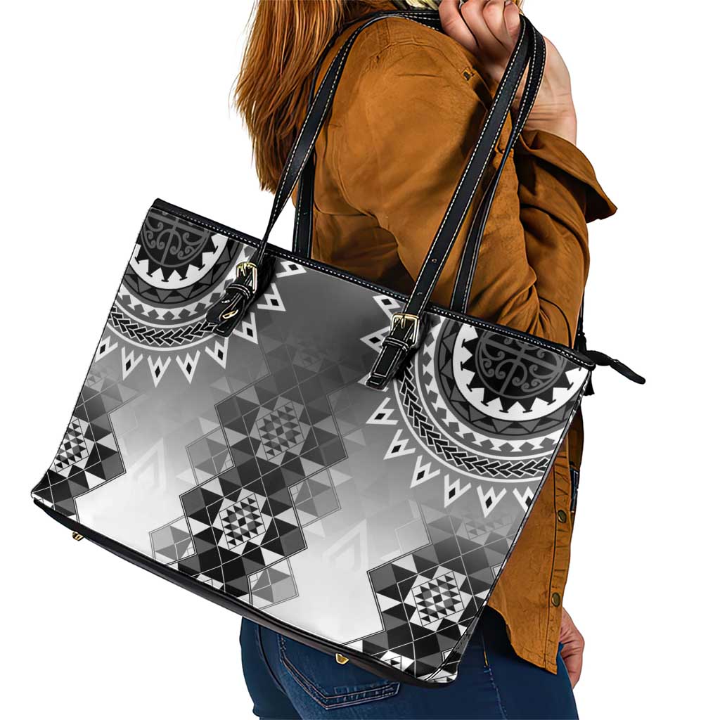 New Zealand Leather Tote Bag Poutama Mix Gray Taniko Inspired Art LT05 - Polynesian Pride