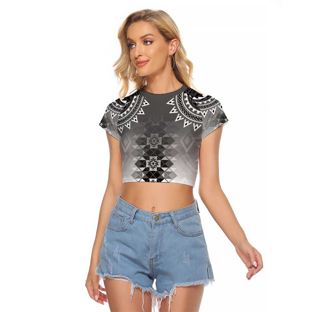 New Zealand Raglan Cropped T Shirt Poutama Mix Gray Taniko Inspired Art LT05