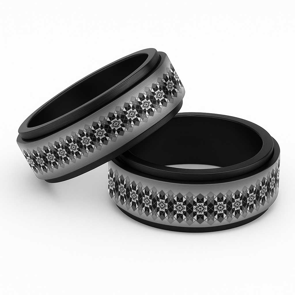 New Zealand Spinner Ring Poutama Mix Gray Taniko Inspired Art - Polynesian Pride