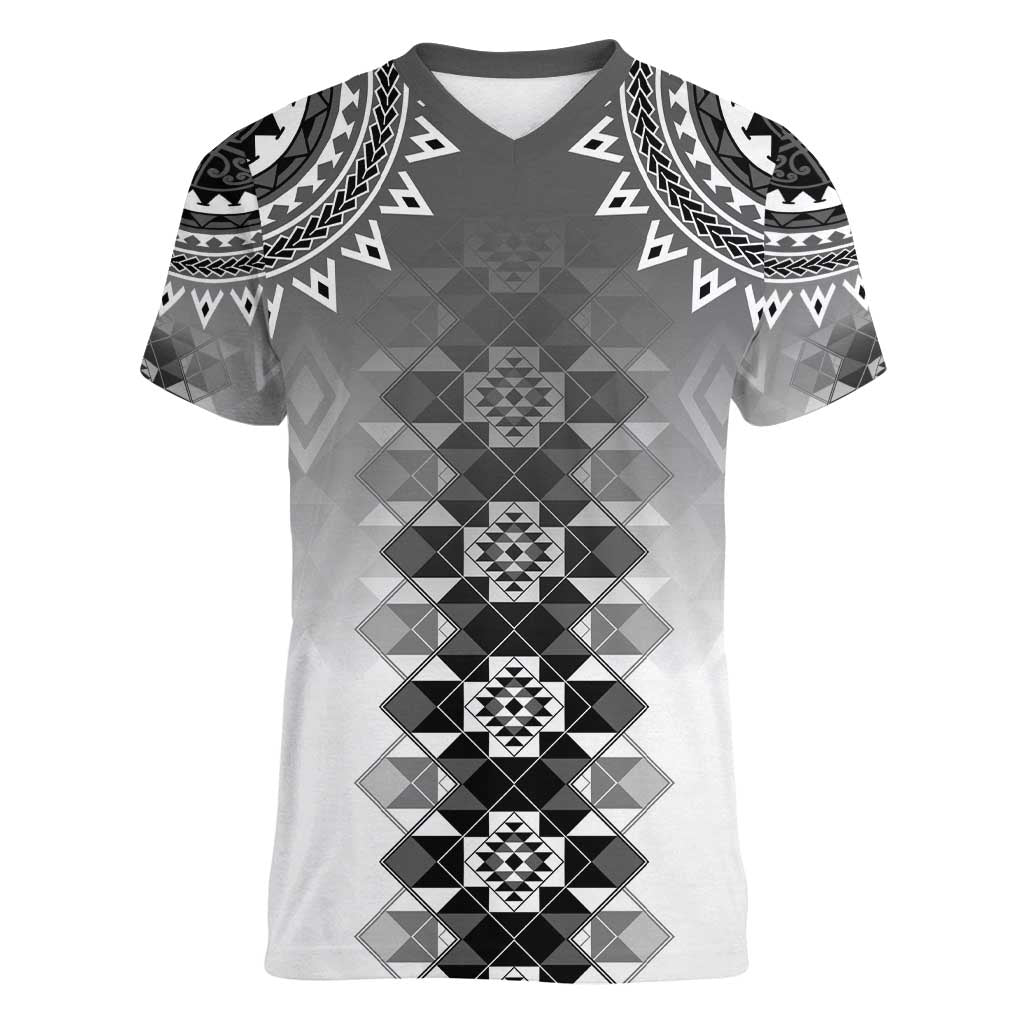 New Zealand Women V-Neck T-Shirt Poutama Mix Gray Taniko Inspired Art LT05 Female Gray - Polynesian Pride