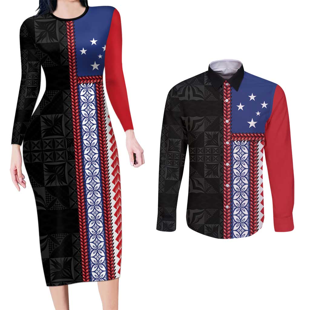 Samoa Flag Couples Matching Long Sleeve Bodycon Dress and Long Sleeve Button Shirt Ula Fala With Samoan Siapo LT05 Black - Polynesian Pride