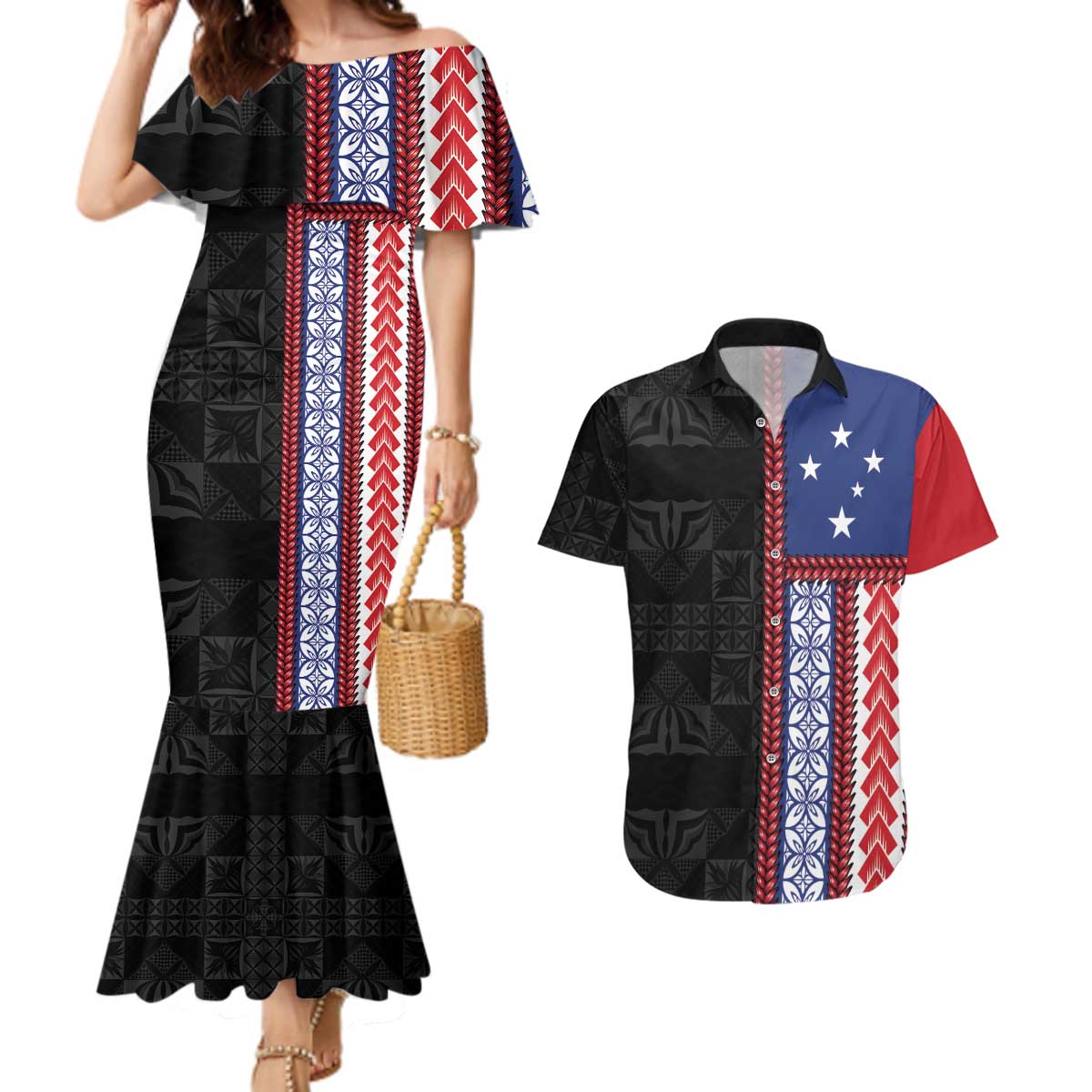Samoa Flag Couples Matching Mermaid Dress and Hawaiian Shirt Ula Fala With Samoan Siapo LT05 Black - Polynesian Pride