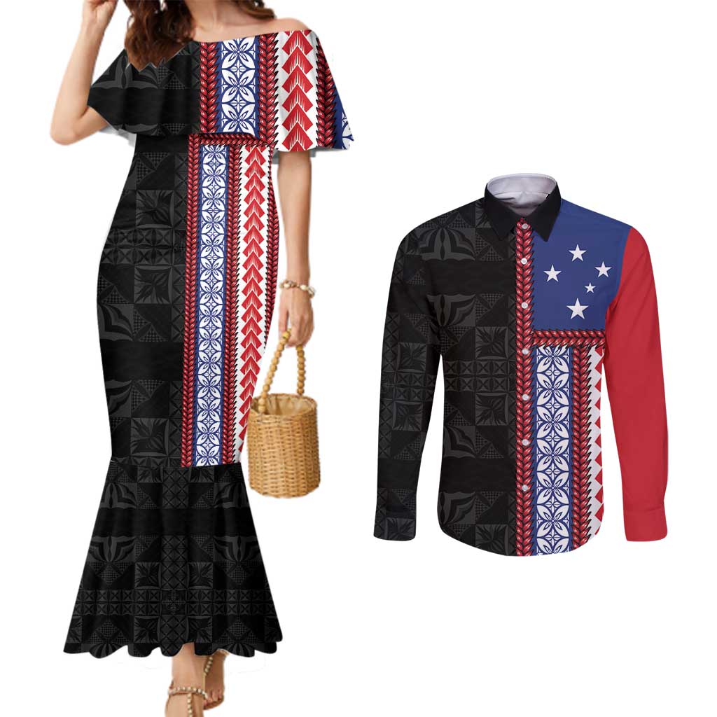 Samoa Flag Couples Matching Mermaid Dress and Long Sleeve Button Shirt Ula Fala With Samoan Siapo LT05 Black - Polynesian Pride