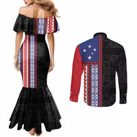 Samoa Flag Couples Matching Mermaid Dress and Long Sleeve Button Shirt Ula Fala With Samoan Siapo - Polynesian Pride