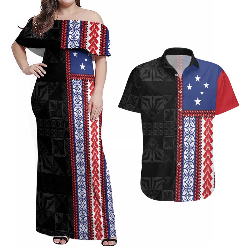Samoa Flag Couples Matching Off Shoulder Maxi Dress and Hawaiian Shirt Ula Fala With Samoan Siapo LT05 Black - Polynesian Pride