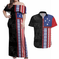 Samoa Flag Couples Matching Off Shoulder Maxi Dress and Hawaiian Shirt Ula Fala With Samoan Siapo LT05 Black - Polynesian Pride