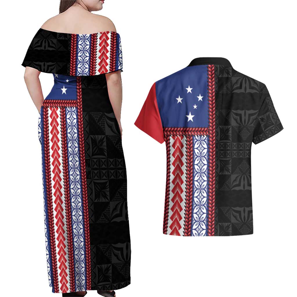 Samoa Flag Couples Matching Off Shoulder Maxi Dress and Hawaiian Shirt Ula Fala With Samoan Siapo LT05 - Polynesian Pride