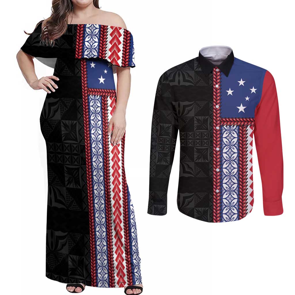 Samoa Flag Couples Matching Off Shoulder Maxi Dress and Long Sleeve Button Shirt Ula Fala With Samoan Siapo LT05 Black - Polynesian Pride