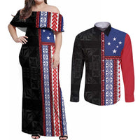 Samoa Flag Couples Matching Off Shoulder Maxi Dress and Long Sleeve Button Shirt Ula Fala With Samoan Siapo LT05 Black - Polynesian Pride