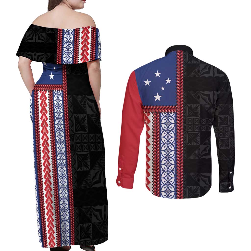 Samoa Flag Couples Matching Off Shoulder Maxi Dress and Long Sleeve Button Shirt Ula Fala With Samoan Siapo LT05 - Polynesian Pride