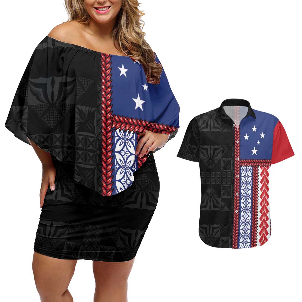 Samoa Flag Couples Matching Off Shoulder Short Dress and Hawaiian Shirt Ula Fala With Samoan Siapo LT05 Black - Polynesian Pride