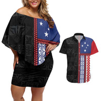 Samoa Flag Couples Matching Off Shoulder Short Dress and Hawaiian Shirt Ula Fala With Samoan Siapo LT05 Black - Polynesian Pride