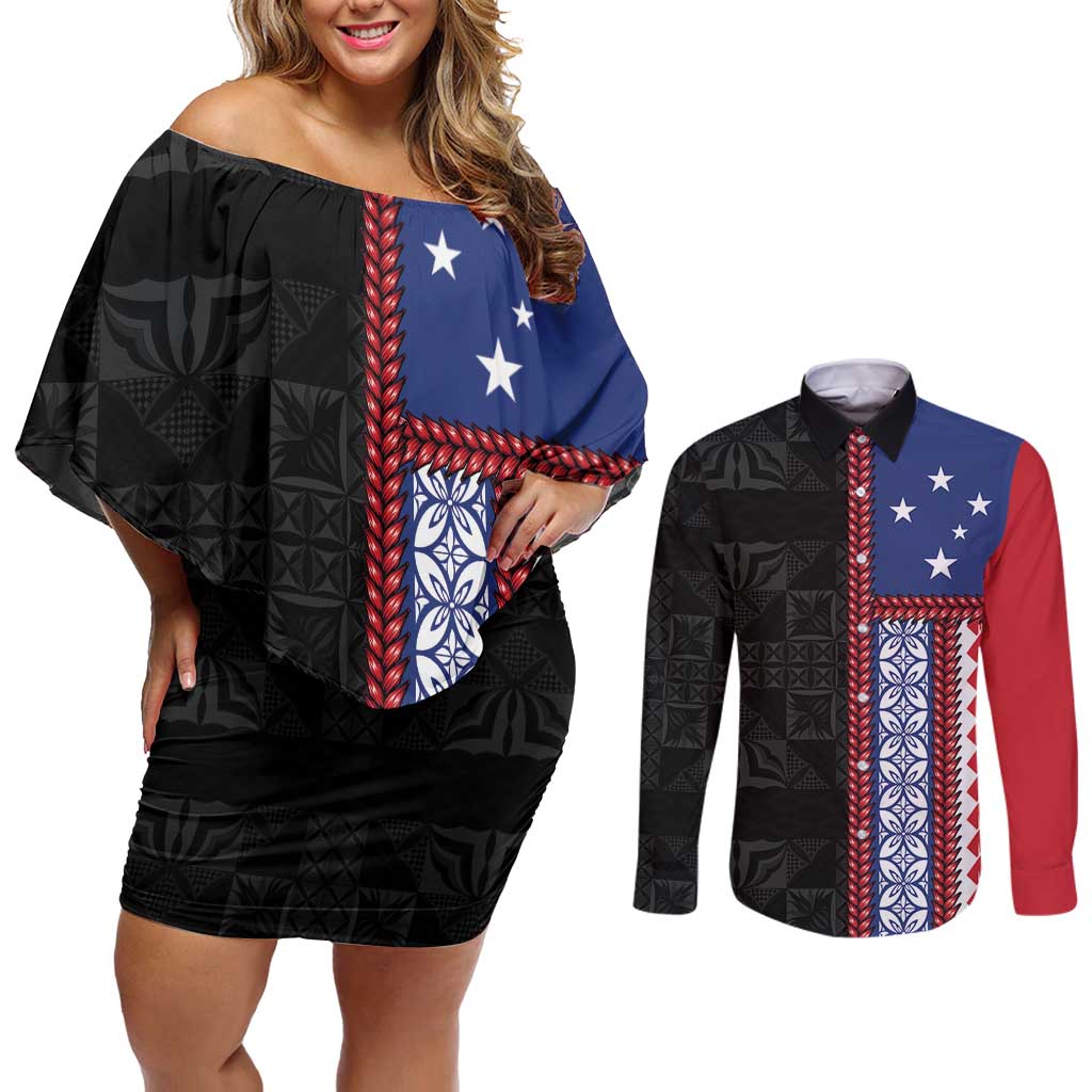 Samoa Flag Couples Matching Off Shoulder Short Dress and Long Sleeve Button Shirt Ula Fala With Samoan Siapo LT05 Black - Polynesian Pride