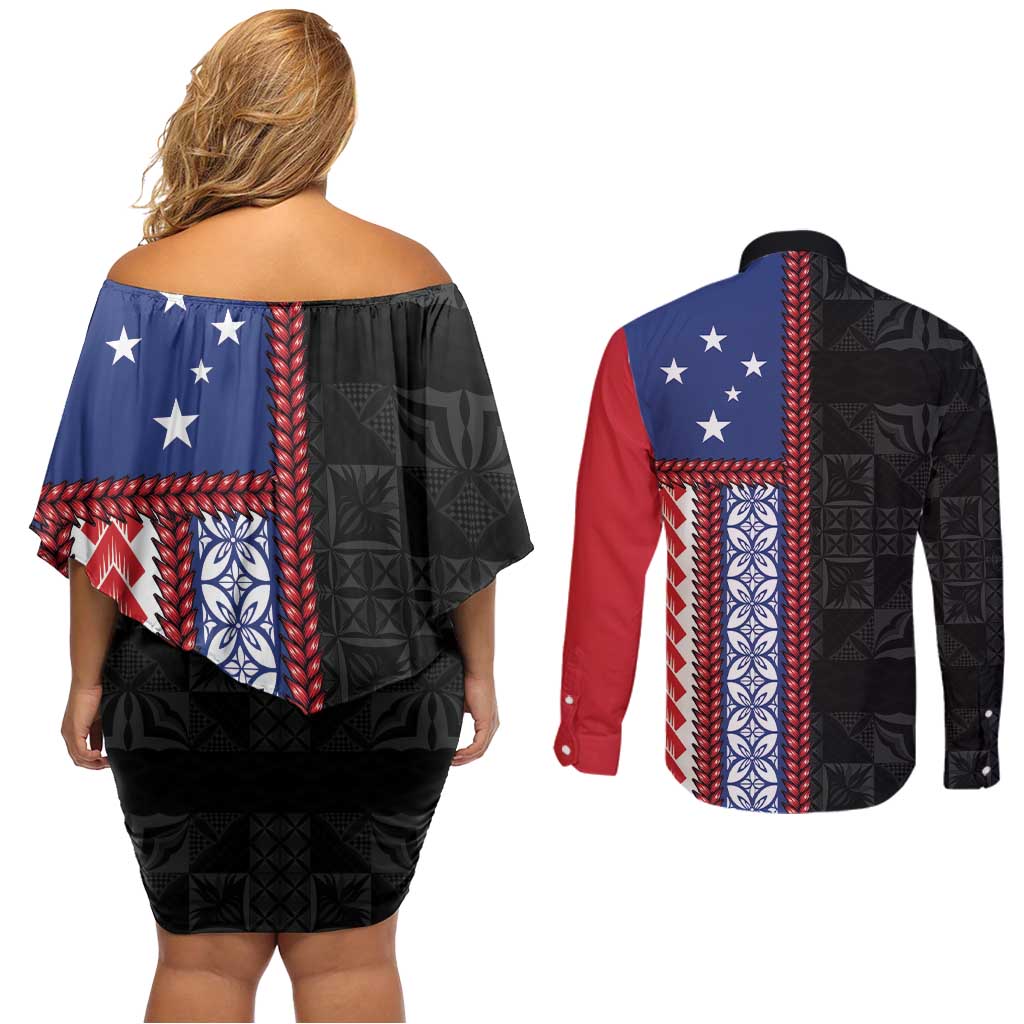 Samoa Flag Couples Matching Off Shoulder Short Dress and Long Sleeve Button Shirt Ula Fala With Samoan Siapo LT05 - Polynesian Pride