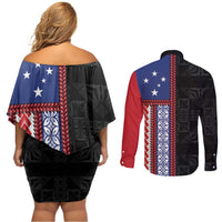 Samoa Flag Couples Matching Off Shoulder Short Dress and Long Sleeve Button Shirt Ula Fala With Samoan Siapo LT05 - Polynesian Pride