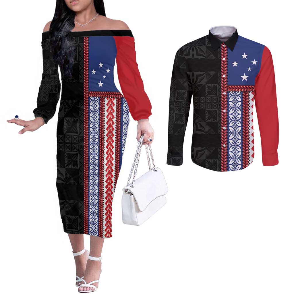 Samoa Flag Couples Matching Off The Shoulder Long Sleeve Dress and Long Sleeve Button Shirt Ula Fala With Samoan Siapo LT05 Black - Polynesian Pride