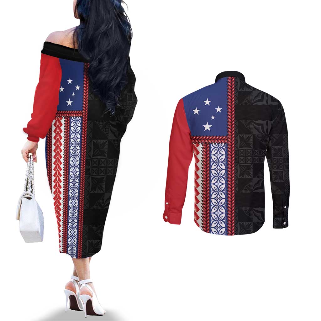 Samoa Flag Couples Matching Off The Shoulder Long Sleeve Dress and Long Sleeve Button Shirt Ula Fala With Samoan Siapo LT05 - Polynesian Pride